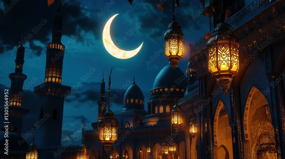 Aufkleber crescent moon illuminates mosque complex with hanging illuminated lanterns at night