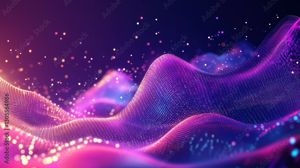 Poster abstract purple wavy data illustration with luminous and sparkling particles