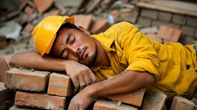 A tired construction worker napping on brick pile at site, symbolizing fatigue and overexertion in construction work.