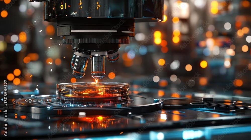 Poster a high tech microscope is studying an orange substance