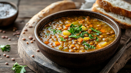 Hearty lentil soup in a rustic bowl, garnished with fresh herbs and served with crusty bread on a wooden table