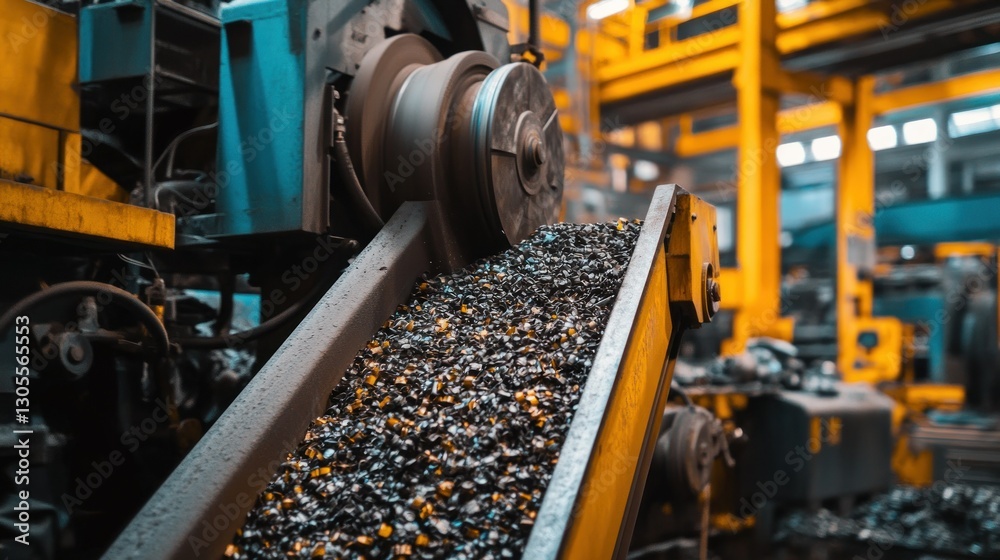 Poster machine conveyor belt carries metal waste for processing in a factory