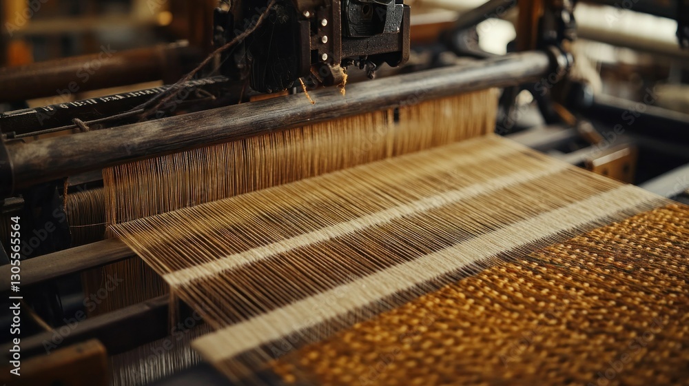 Poster a loom weaving fabric with thread of various shades