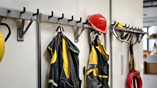 Yellow hard hat and reflective vest hanging in an industrial locker room with other safety equipment in the background.