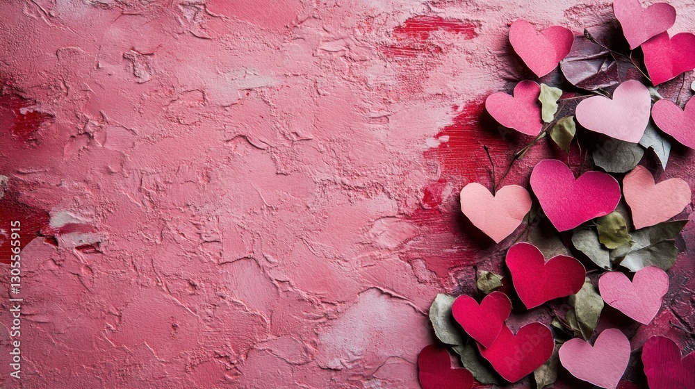 Poster a painted background with many paper hearts of different colors