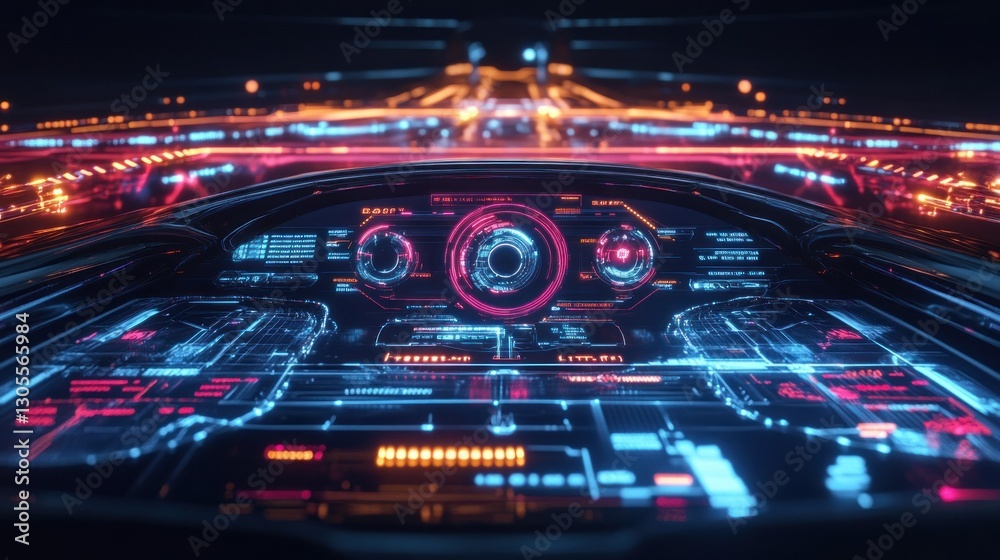 Poster futuristic vehicle dashboard displays digital interfaces and lights