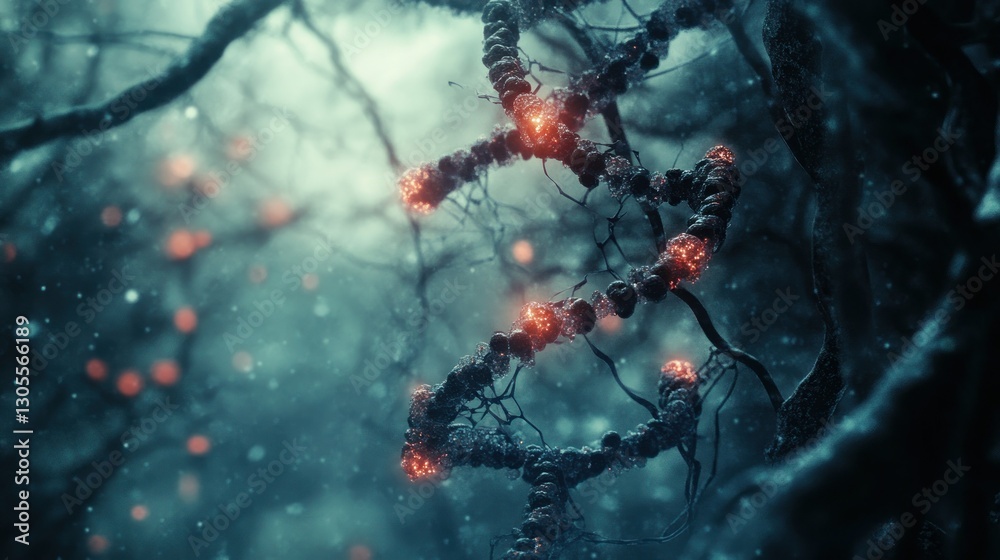 Poster abstract depiction of a glowing dna structure in a forest