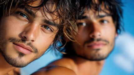 This engaging photo captures two stylish brothers with striking features and carefree expressions, enjoying a sunlit day by the ocean shore, representing sibling bonds and happiness.