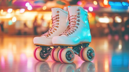White Roller Skates Glowing Under Neon Lights