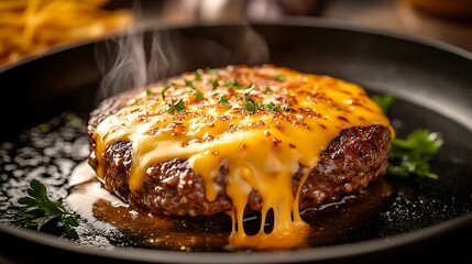 Slice of gooey cheese melting over a burger patty on a hot skillet edges slowly dripping in a mouthwatering close up shot