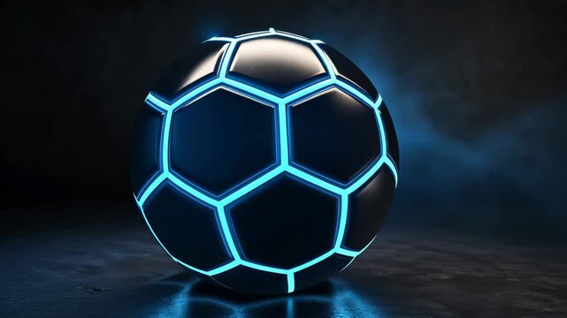 A black soccer ball with glowing blue hexagonal patterns rests on a dark surface, showcasing vibrant illumination and sleek design