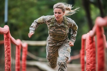 Determined military woman running fast on obstacle course during boot camp