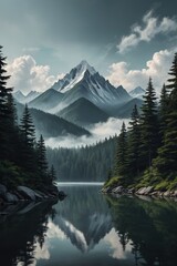 mountains and trees are reflected in a lake in the foreground