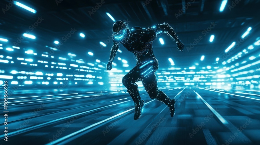 Poster a futuristic person running with glowing blue lights in a tunnel