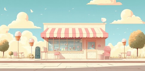 A charming ice cream shop sits under a bright blue sky