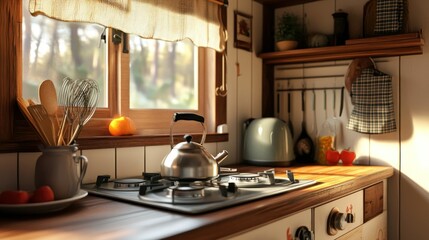 Cozy kitchen window view, sunny morning