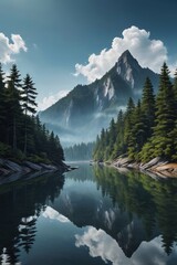 Naklejka premium mountains and trees are reflected in the still water of a lake