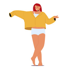 Young woman cartoon character wearing large shirt feeling surprise due to body shape improvement