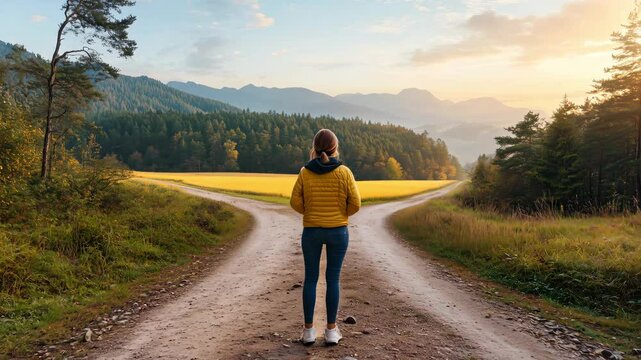 A woman stands at a crossroads in a forest landscape, contemplating the path ahead as the sun rises illuminating the surroundings