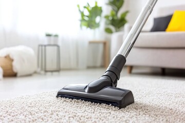 Modern vacuum cleaner on fluffy carpet, cleaning a cozy living room.