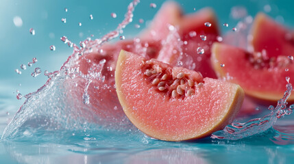 Fresh pink guava slices creating splashes in clear water under bright lights