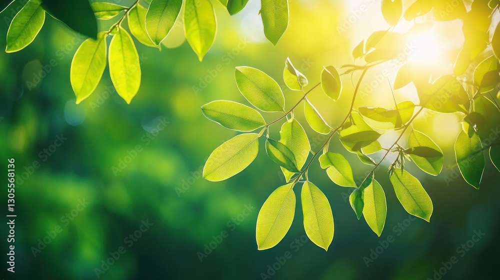 Poster green leaves of a tree with sunlight streaming through them