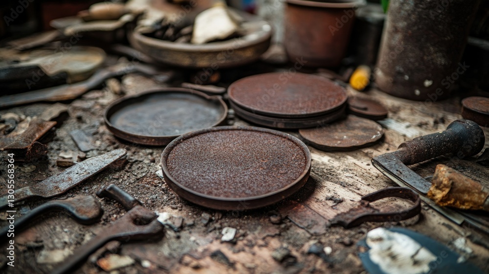 Poster Close Up View of Old Rusted Metal Objects on a Surface