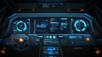 Futuristic Interior Shows A Spaceship Cockpit With Multiple Displays
