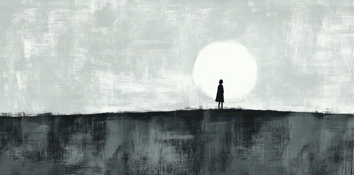 A lone figure standing before a bright celestial sphere