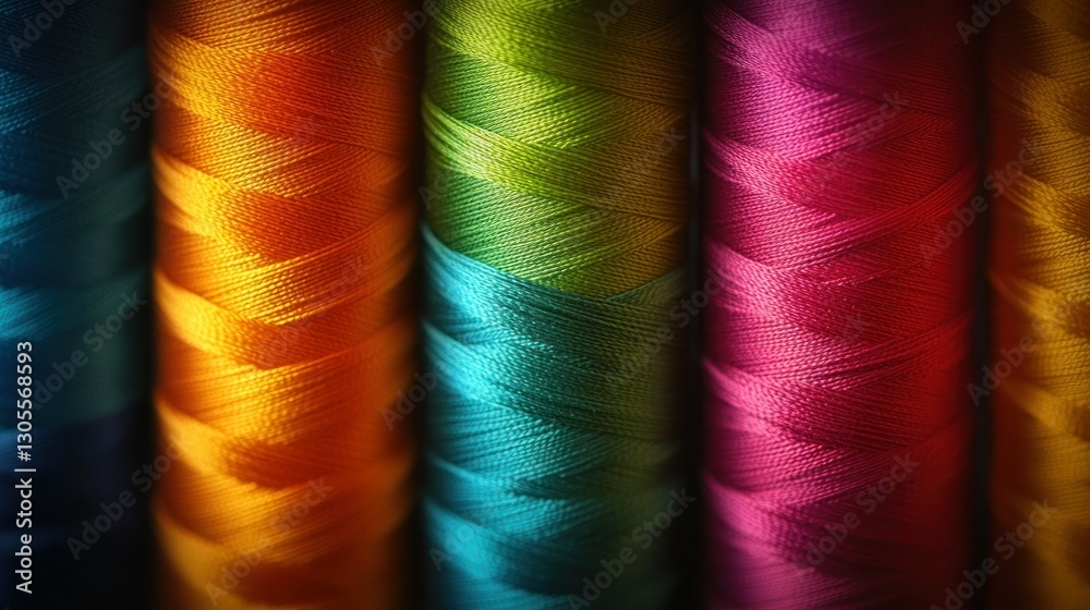 Poster Several colorful threads on spools are vertically arranged up close
