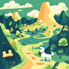 An illustrated dog is walking on a scenic nature path