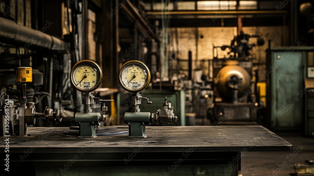 Poster two pressure gauges mounted on a workbench inside a factory