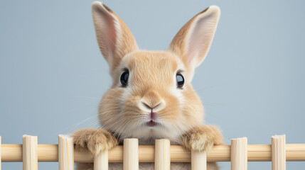 Adorable light brown rabbit curiously peeking over a wooden fence, fluffy fur and big ears standing out against a soft blue background, playful and charming animal portrait