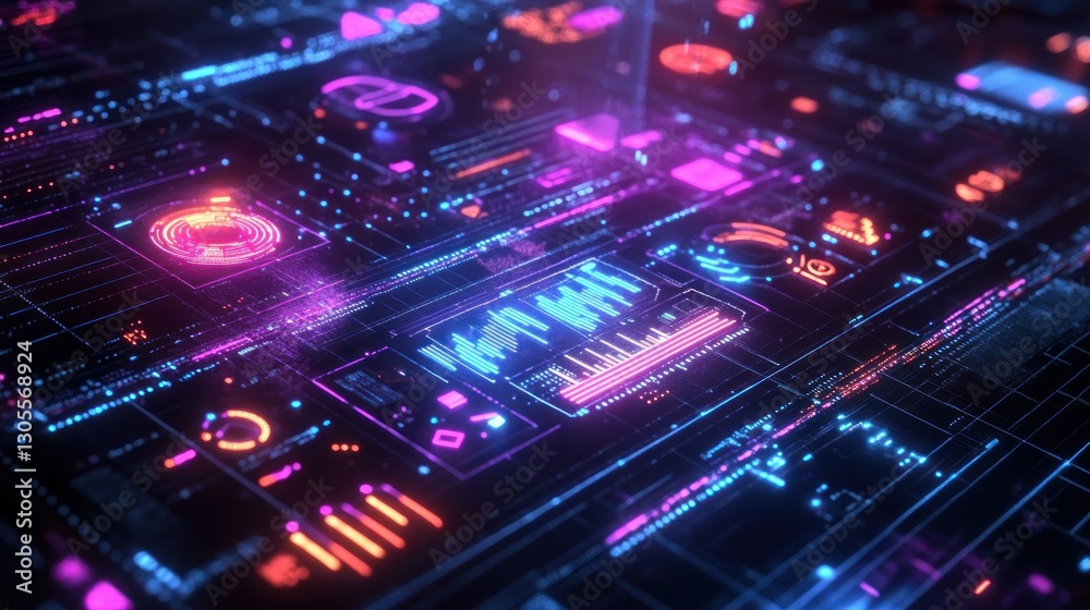 Poster complex digital interface displays glowing neon lights and colorful lines