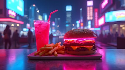 Cyberpunk neon fast food with glowing aesthetic, futuristic design, and vibrant lighting