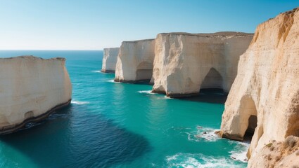 Fototapeta premium Stunning Coastal Cliffs with Turquoise Sea and Cave Formations