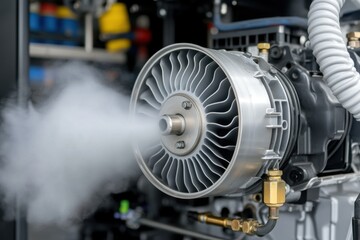 Fototapeta premium Close-up of engine with steam or vapor, Detail of modern engine part emitting steam.