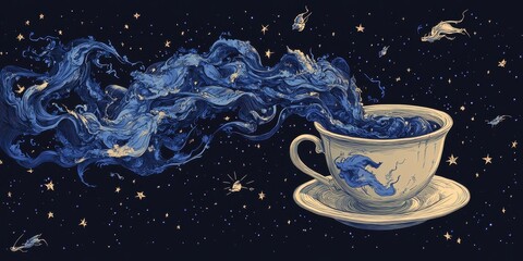 A teacup containing celestial blue fluid and floating astral objects