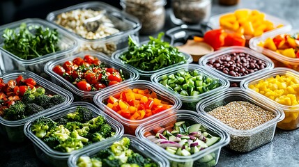 Balanced meal prepping station with portioned containers of veggies proteins and whole grains promoting healthy dietary choices