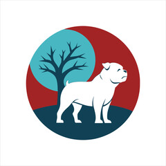 Bulldog Silhouette with Tree Retro Vintage Vector Illustration