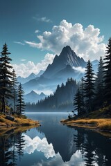 mountains and trees are reflected in a lake in the foreground