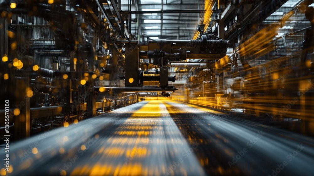 Poster automated production line with machinery and conveyor belts presents motion