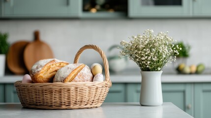 easter-themed vintage kitchen, a retro kitchen adorned with easter decor, fresh bread, and a basket of vibrant eggs