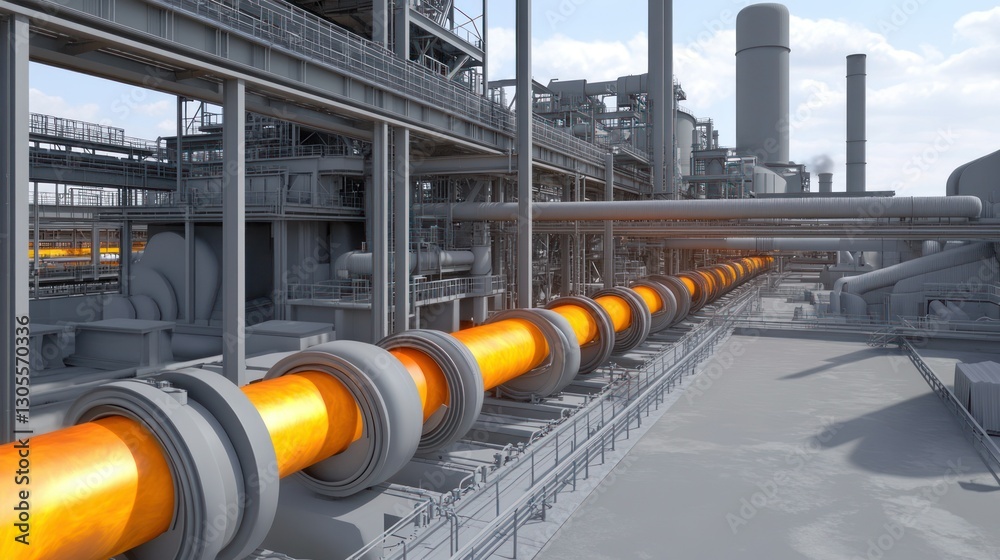 Poster industrial infrastructure displays a glowing pipe line across the setting