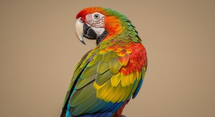 Fototapeta premium Colorful macaw perched gracefully, emanating a vibrant and lively aura, showcasing its stunning feather patterns against a neutral background