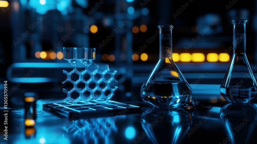 Poster scientific chemistry instruments displayed in a dark laboratory environment