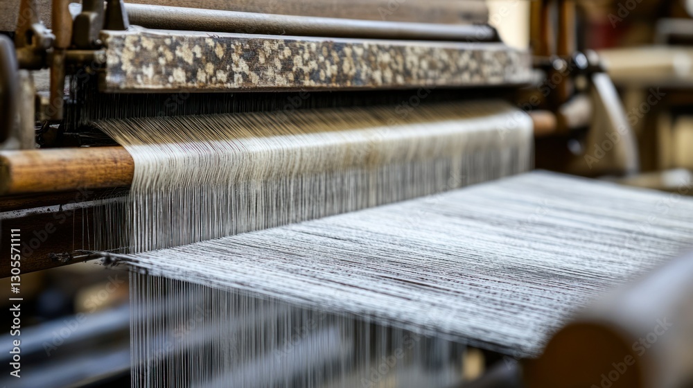 Poster A wooden loom is working with white threads to create fabric