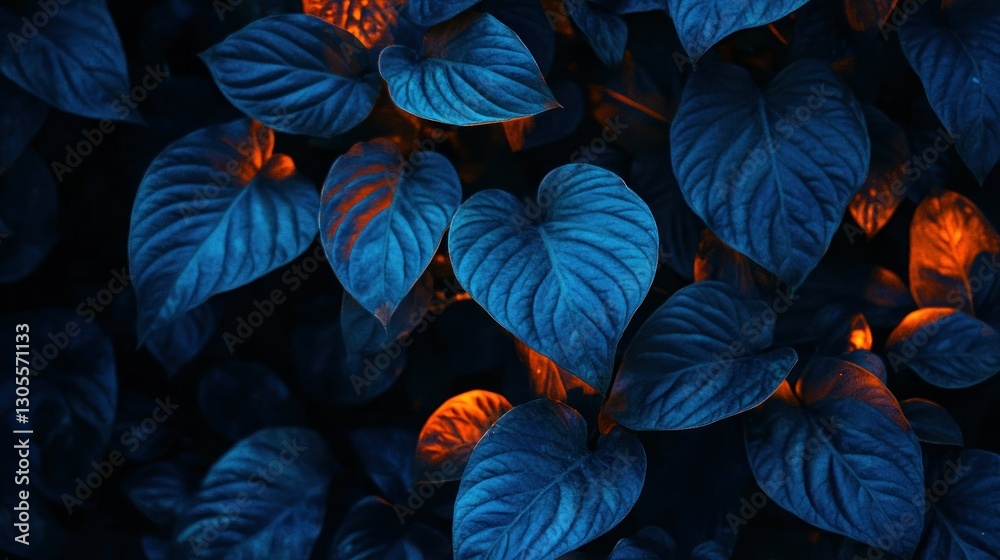 Poster blue and orange illuminated leaves create a stunning botanical pattern