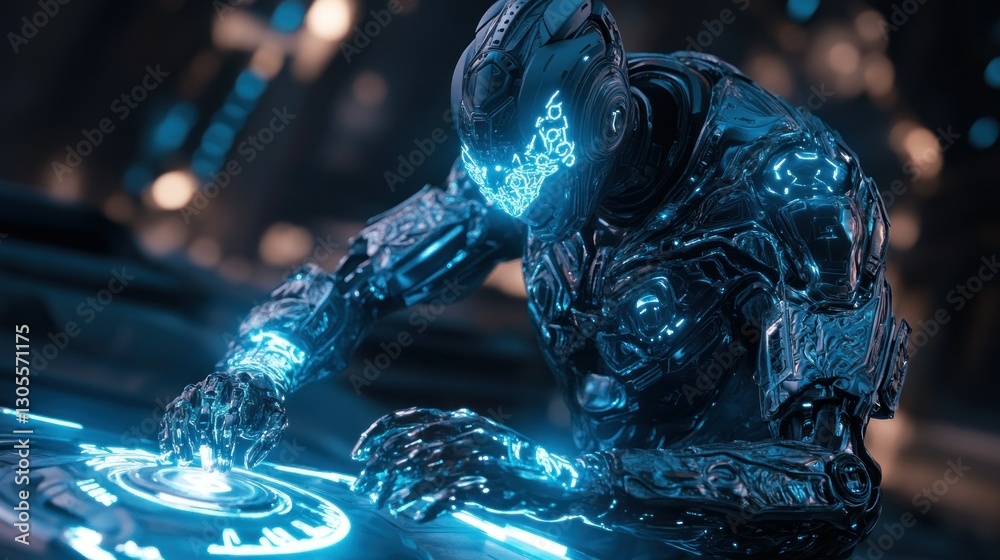 Poster futuristic robot engaged with a glowing control panel