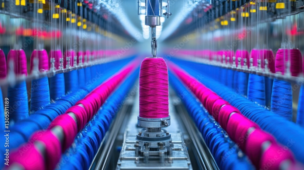 Poster Several spools of thread are aligned in an industrial factory setting